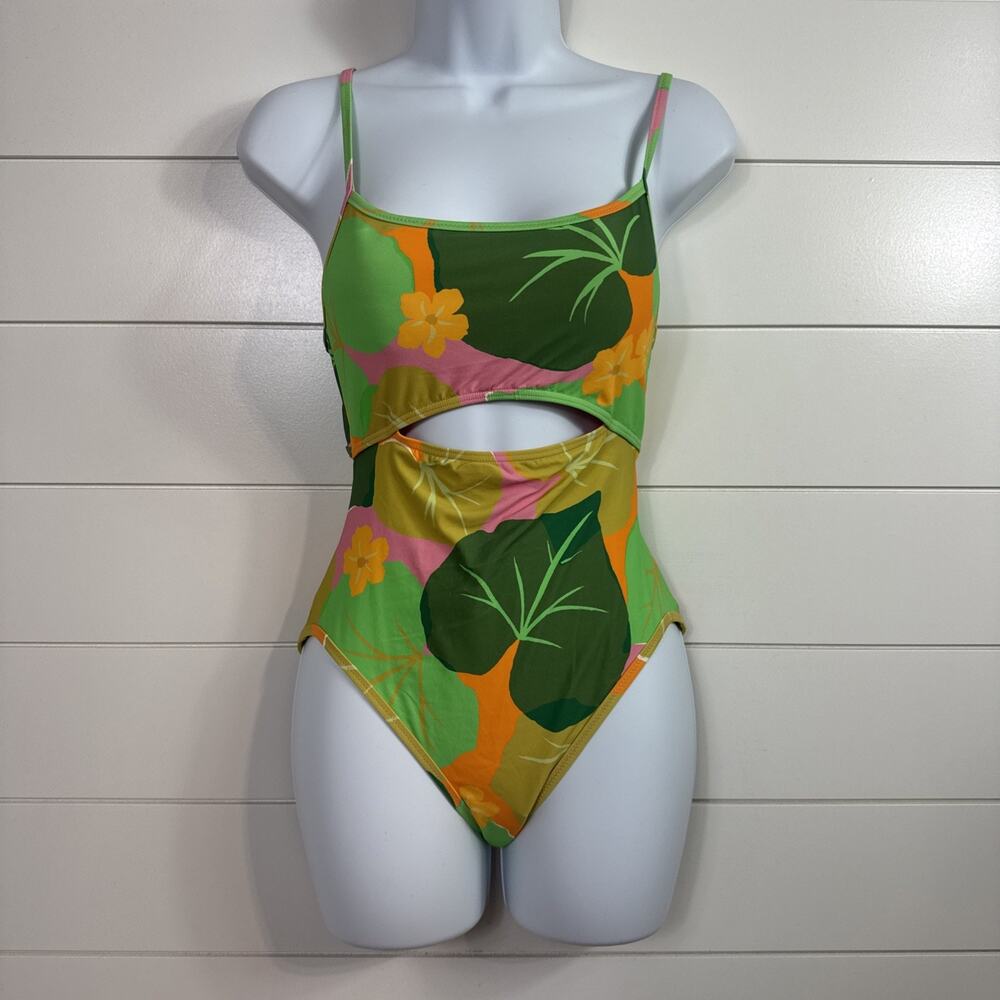 Kate Spade Cut Out One Piece Swimsuit Pink Green Floral Pattern sz XS